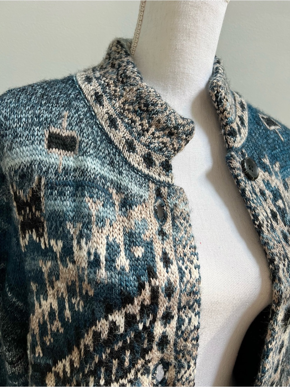 J. Jill Southwestern Aztec Long Cardigan Sweater Duster Blue Boho Knit Jacket S - Picture 9 of 10